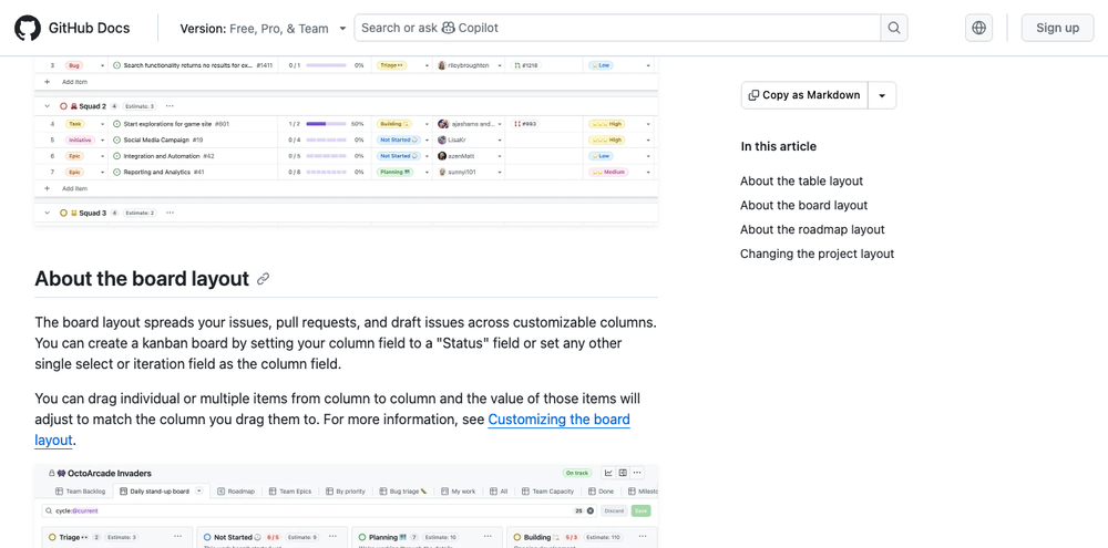 GitHub Projects board layout