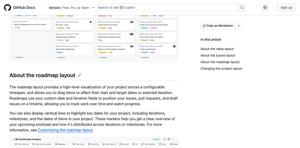 GitHub Projects roadmap layout
