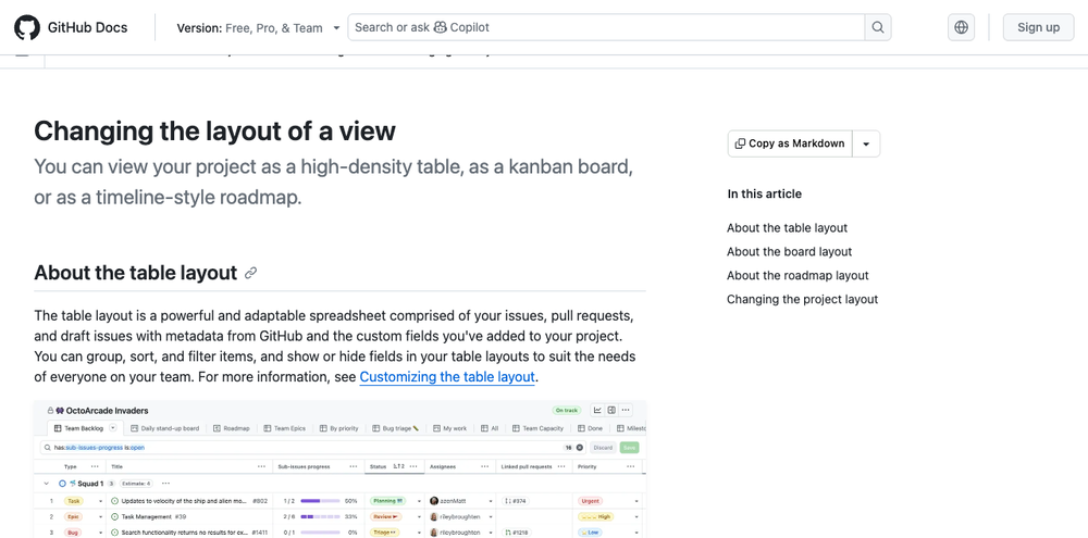 GitHub Projects table layout